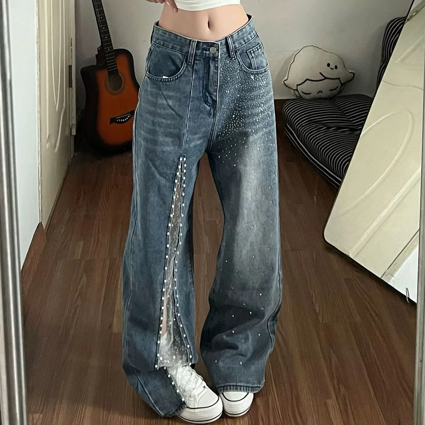 Y2K Lace Patchwork Jeans Hot Stamping Diamond Wide Leg Hollow Out Straight Leg High Street Trend Summer for Women