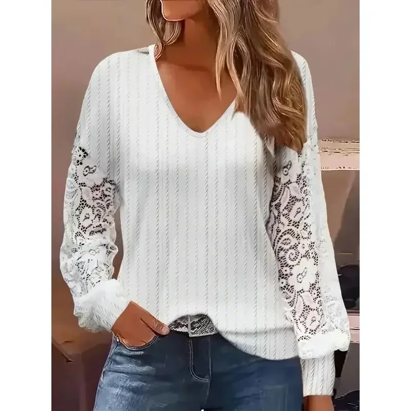 Plus Size 1XL-5XL Women\'s Casual Comfortable Loose T-shirt Ladies Fashion Solid Contrast Lace Lantern Sleeve V Neck Top