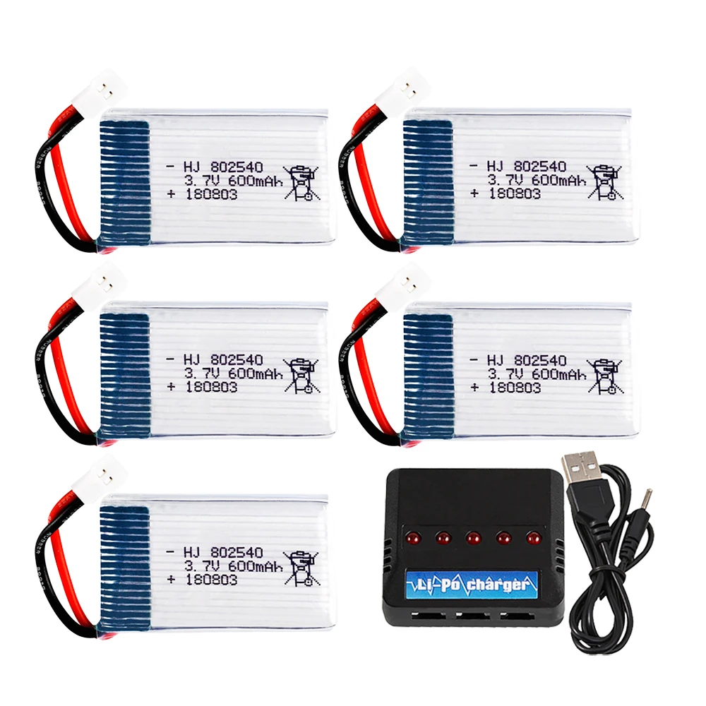 3.7V 600mAh 802540   Batería Lipo 30C con cargador Usb para SYMA X5C X5C-1 X5 X5SC X5SW M68 K60 HQ-905 CX30 RC Quadcopter batería