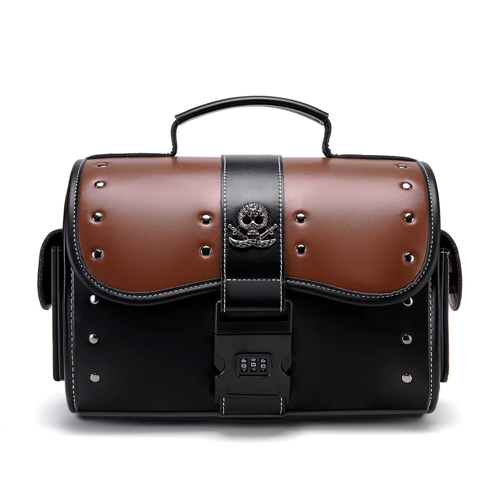 Waterproof and anti-theft motorcycle bag, punk-style PU leather color-blocking, front hanging bag, retro trendy