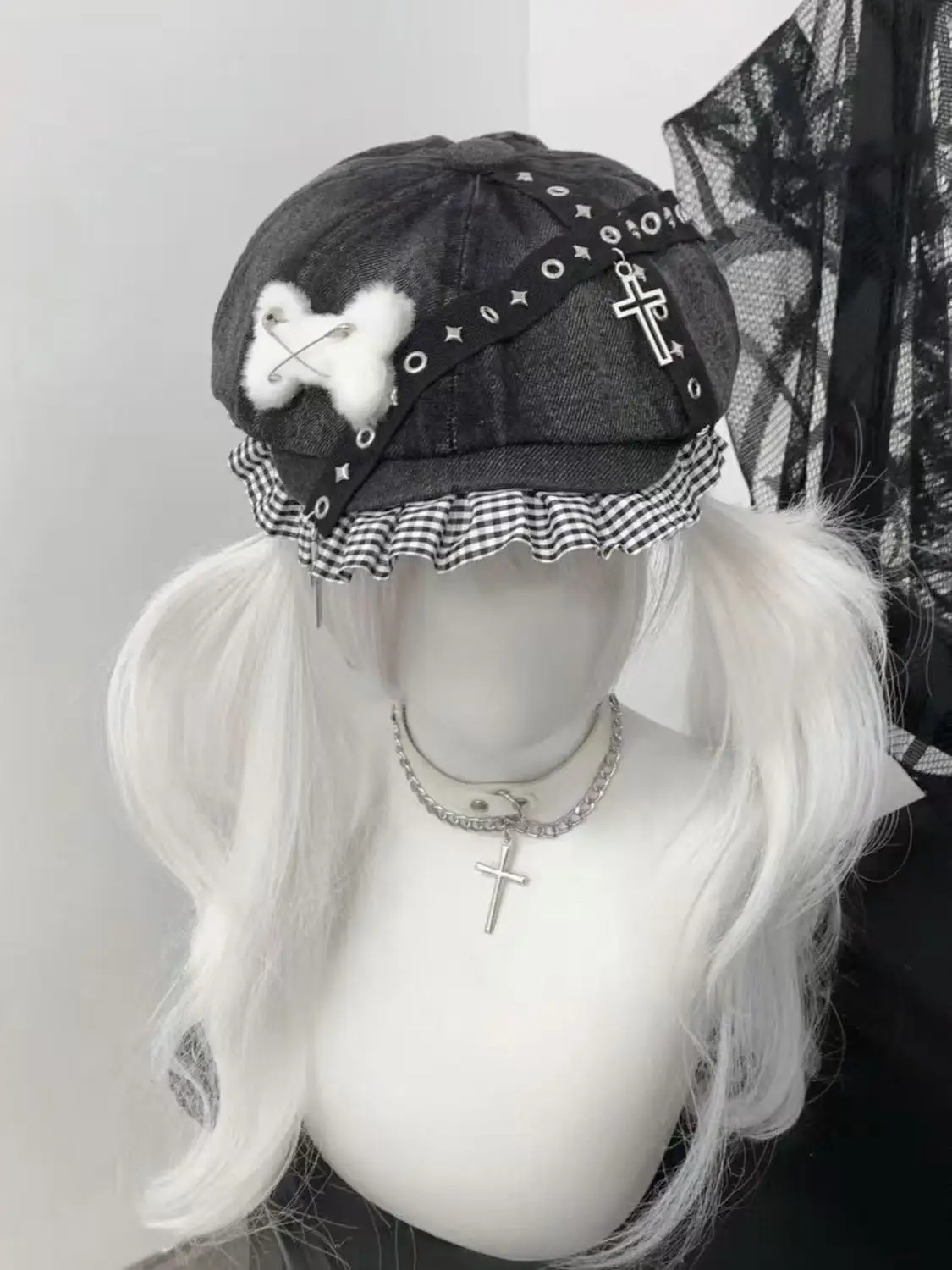 الأصلي ثقافة العضلات الشرير العظام عبر شبكة تكدرت الدانتيل قبعة البيريه الجينز مثمنة قبعة Y2K Faion قبعة الشارع الشهير