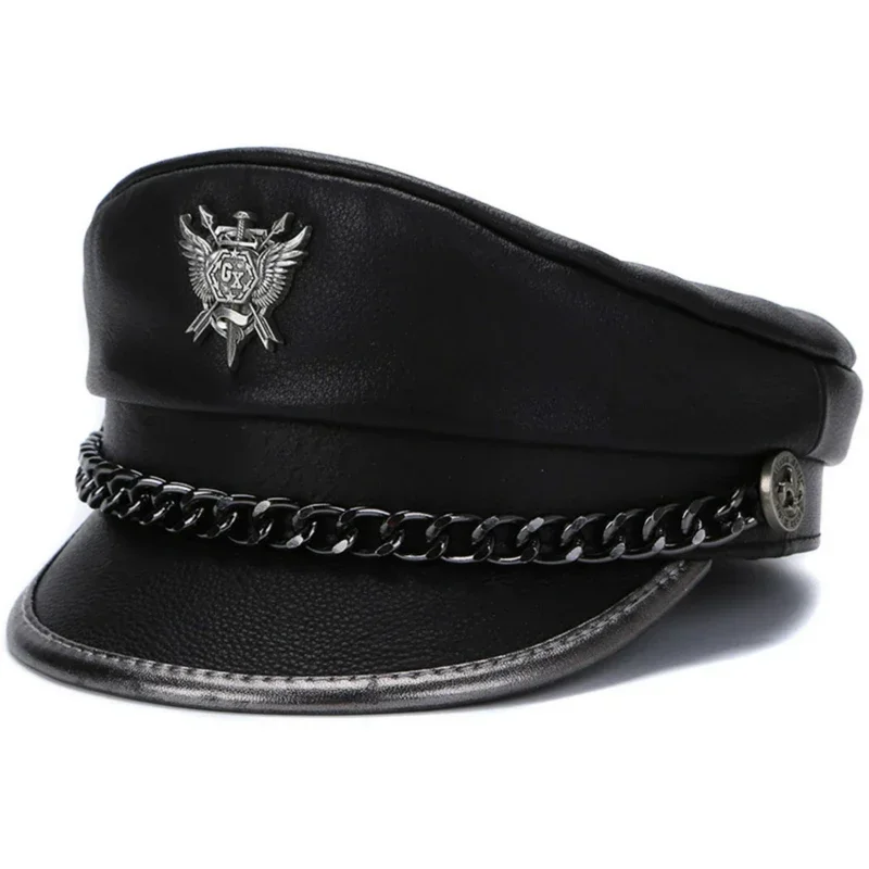 2024 Spring Men‘s Genuine Leather Army Hat Male Flat Top Badge Locomotive Retro Military Caps Students Punk Cortical Chain Gorra