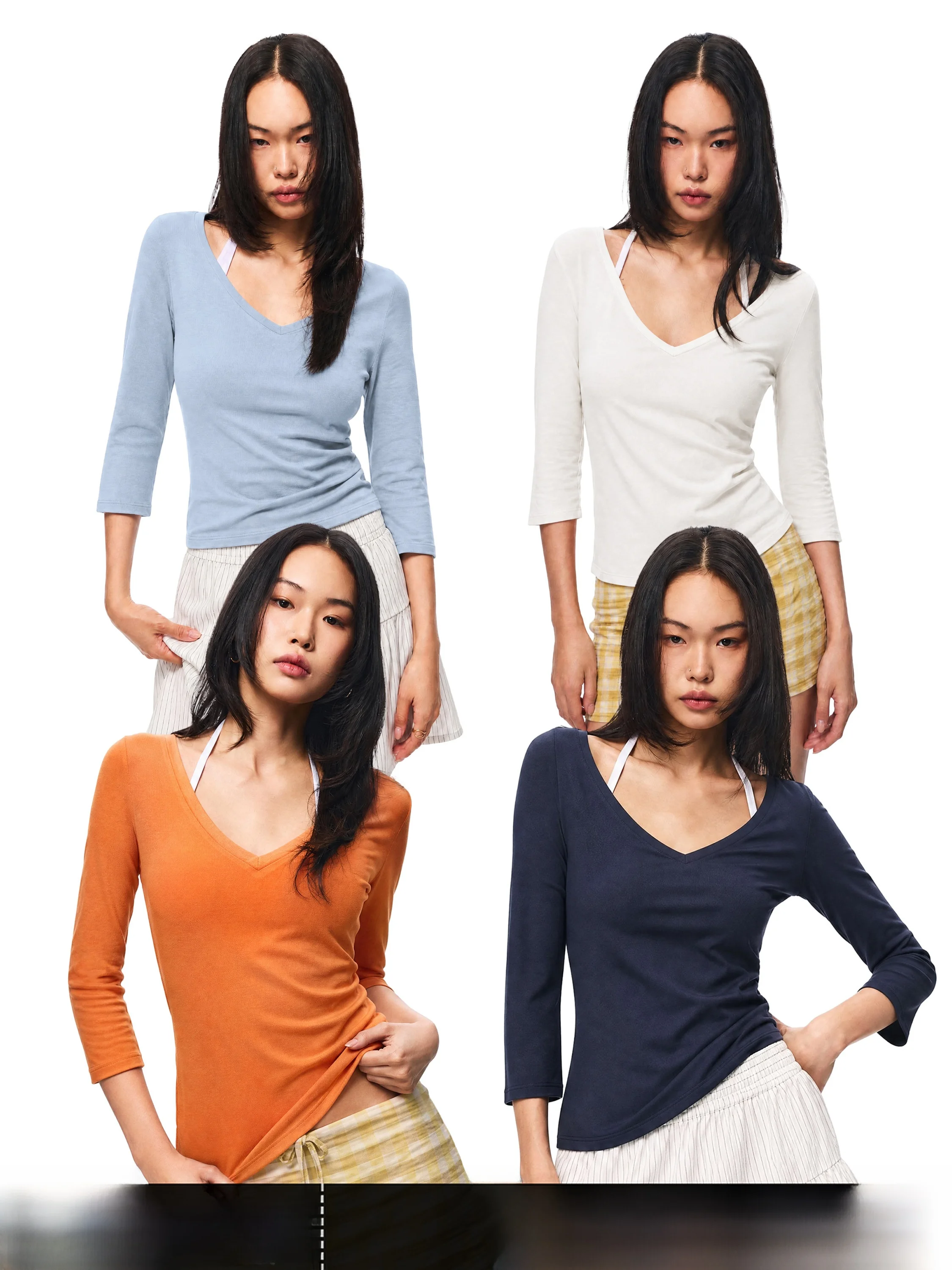 Loose Casual Women's V-neck 3/4 Sleeve T-shirt Cotton Pure Color Autumn New Style GO GO BURN Slimming Versatile Top