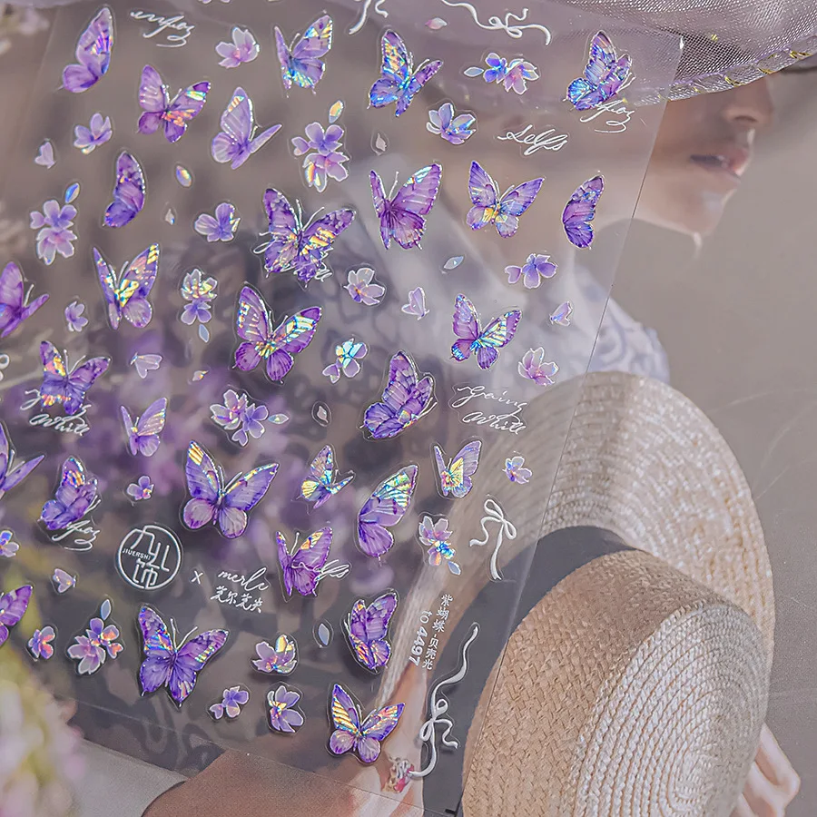 Purple Butterfly Stamp 5D Nail Art Sticker Shiny Bowknot Glitter Flower Floral Insects Self Adhesive Decoration Manicure Decal