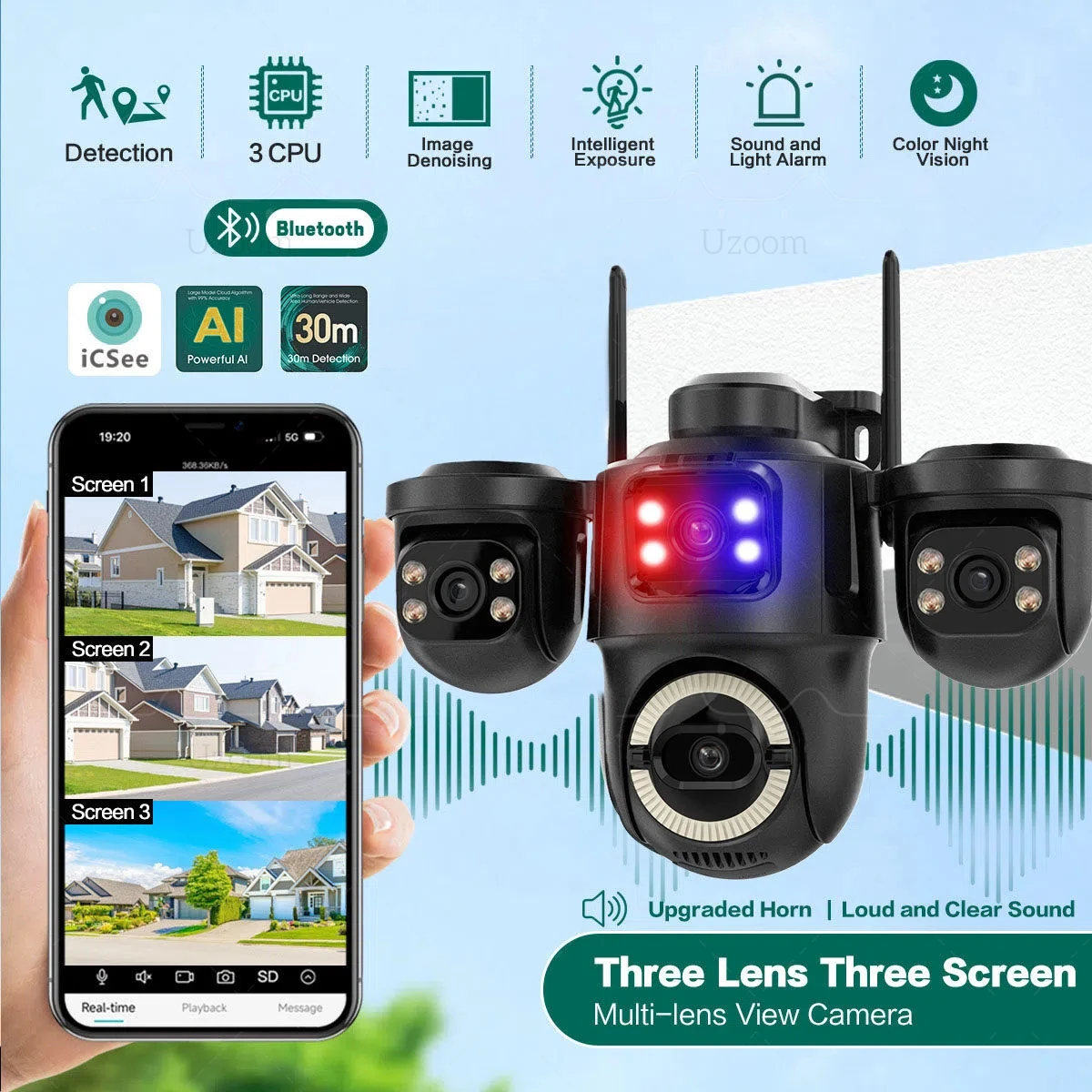 New 6K ICsee Wifi Security Camera Three Lens Three Screens Outdoor Surveillance Cam Color Night Vision Human Detection Tracking