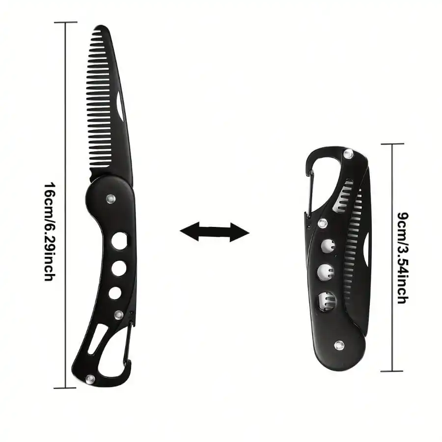 

1-Pc Portable Beard Comb | Heavy Duty Men's Grooming Kit, Dual-Sided Fine/Coarse Teeth, Foldable Pocket Size With Hook