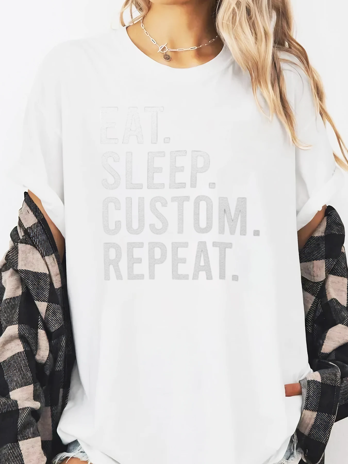 Eat Sleep Custom Repeat Print T-Shirt Halloween Women Casual Wear White Plus-size