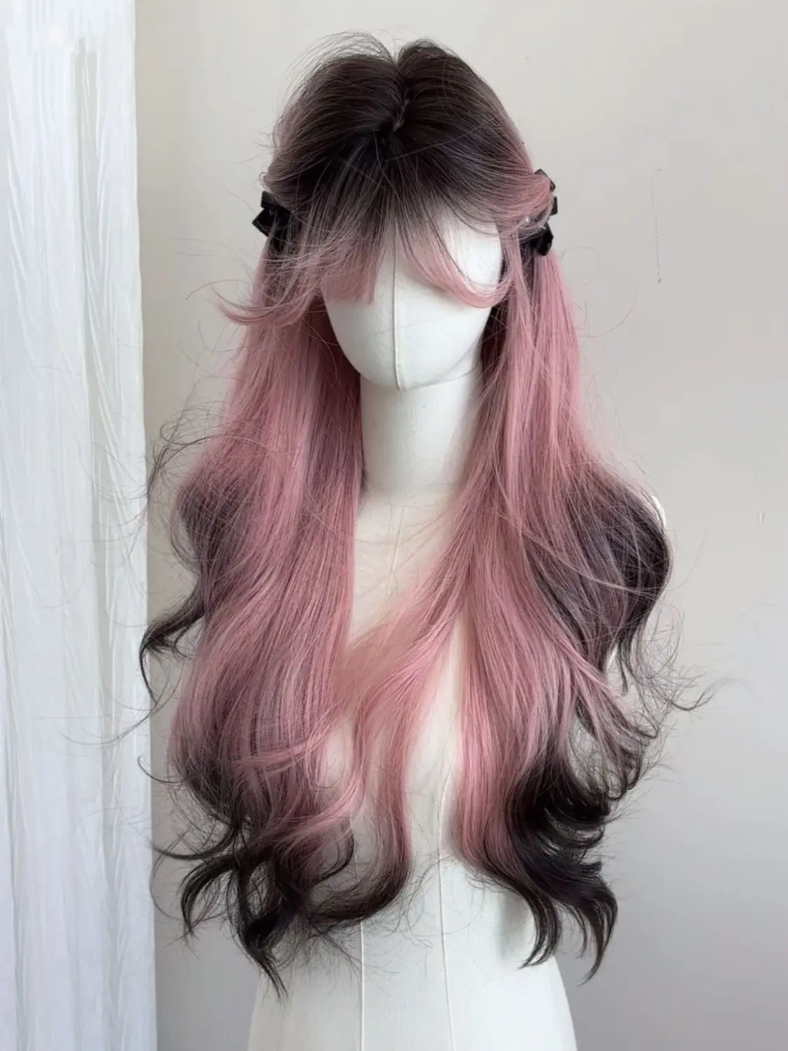 Wig female long hair pink gradual change black high layering simulation human long curly hair full headgear