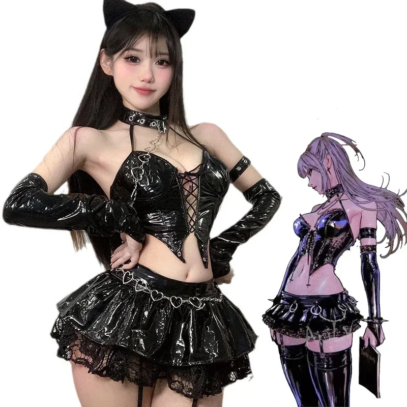 

Anime Devil Girl City Queen Unifrom Women Cool Punk Cyber Leather Outfits Clothes Costumes Cat Girl Cosplay Set