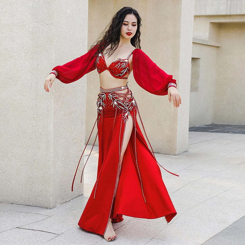 Women Egyptian Belly Dance Costume Set Popsong Performance Oriental Dance Outfit Group Competition Costumes Maxi Fringes Skirt