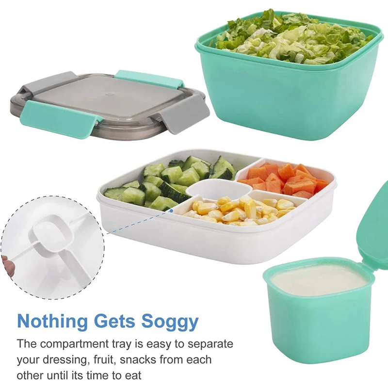 Lunchcontainer Te Gaan, 1500Ml Saladekommen Met 3 Compartimenten, Container Voor Salade Toppings