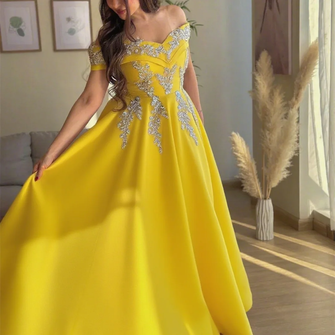 

Customized exquisite satin pleated sequin A-line off-shoulder long dress for formal evening gown for ladies