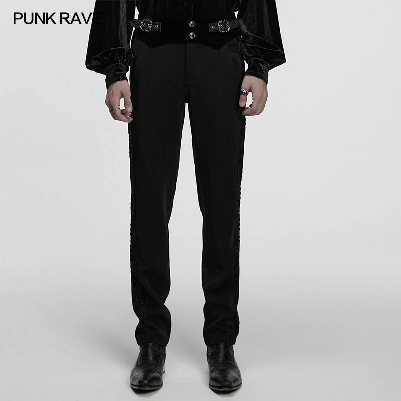 

PUNK RAVE мужские готические простые удобные стильные брюки с регулируемой талией и пряжкой по бокам, кружевные украшения, вечерние элегантные классические брюки