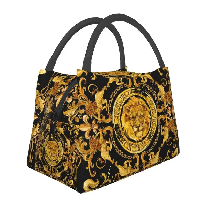 

Custom Golden Lion And Damask Ornament Lunch Bags Men Women Warm Cooler Insulated Lunch Boxes for Picnic Camping Work Travel