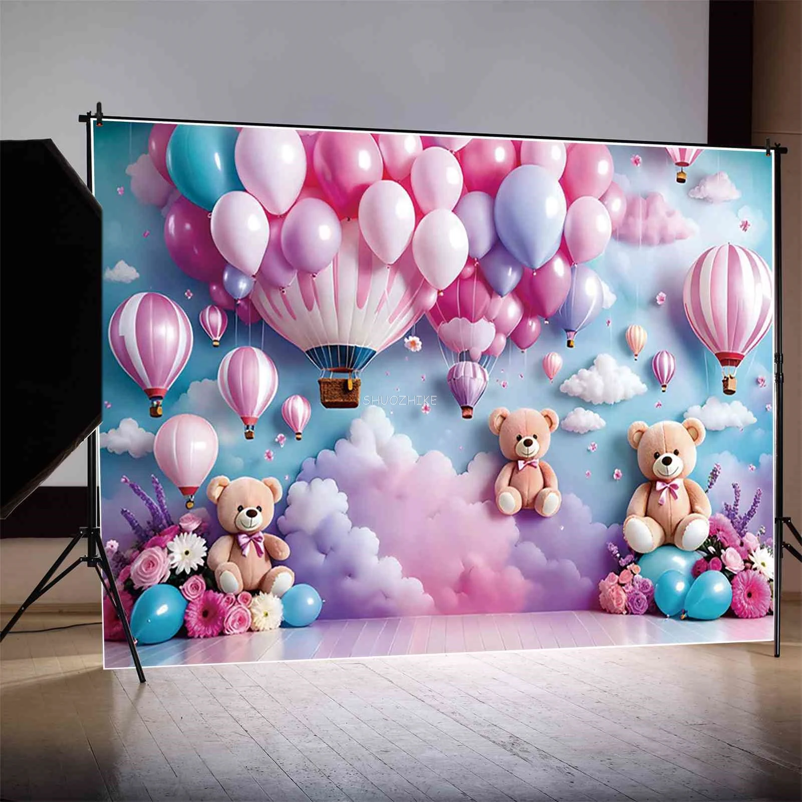 Teddy Bear White Blue Pink Birthday 1 Year Backdrop Boy Girl Drapes Balloon Background Sign Indoor Party Photozone Props