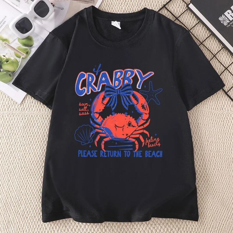 If Crabby Please Return To The Beach T-Shirt Summer Coastal Funny Beach Tee Men Women Casual Round Neck Beach Lover Tees