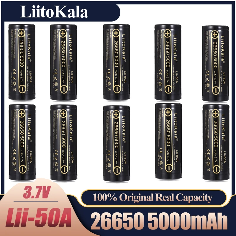 

Liitokala Lii-50A 1-10PCS 26650 5000mAh High Capacity 26650-3.7V Lithium Battery Ion Rechargeable Battery For Toy Flashlight