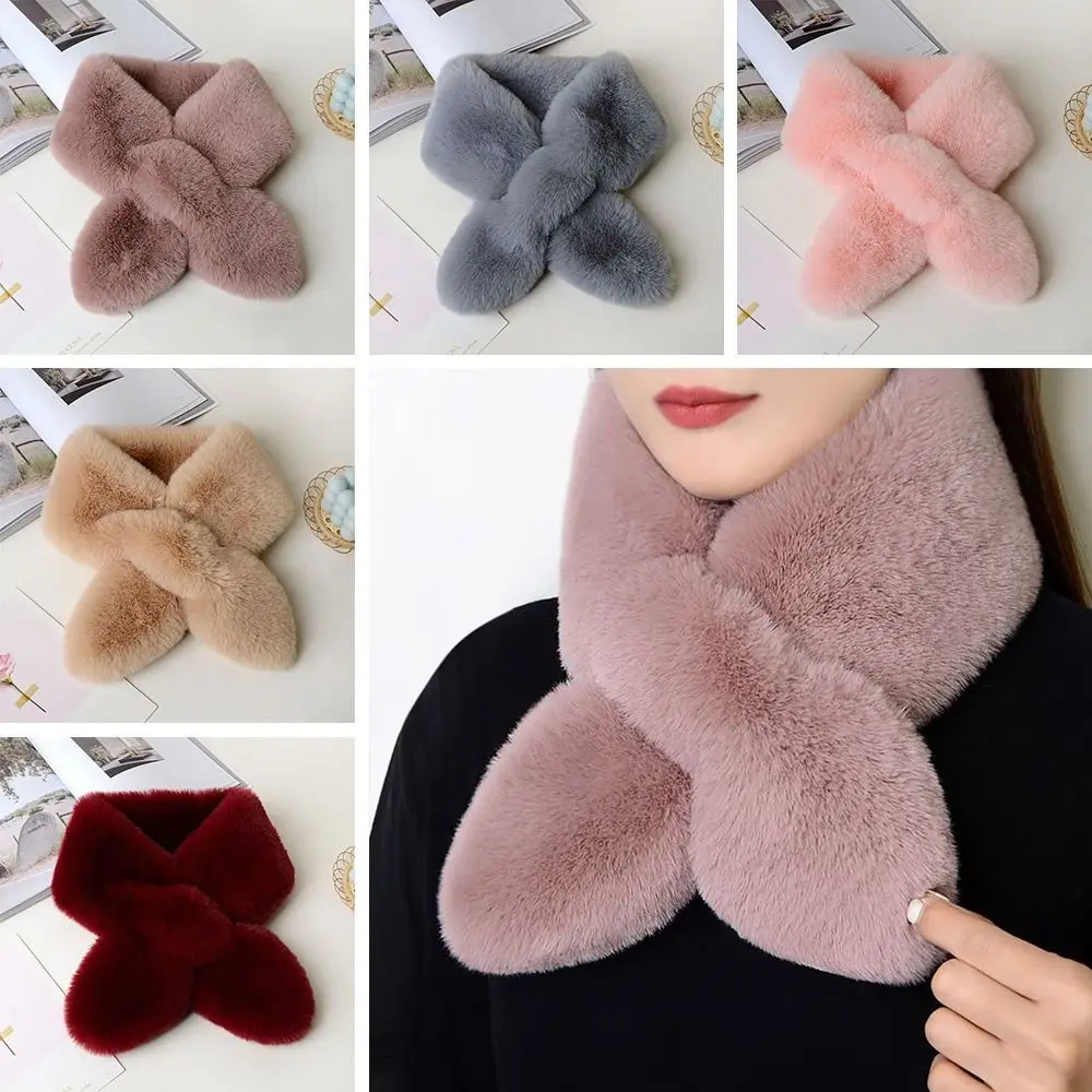 Women Winter Warm Thicken Cross Collar Scarf  Solid Color Faux Rabbit Fur Plush Elegant Shawl Scarfs