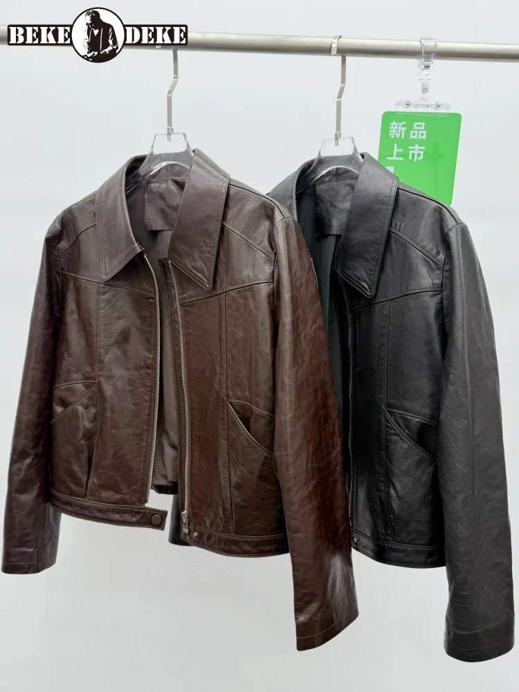 Ladies Single-Breasted Genuine Leather Jackets Solid Color Turn Down Collar Long Sleeves Pockets Sheepskin Outwear