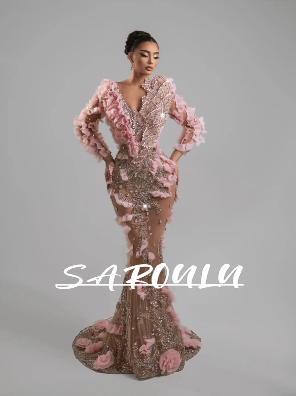 

Pink Captivating Ruffles Fairy 3D Leaf Evening Dress Exquisite Crystals Beaded Mermaid Prom Gown Customized Chic Banquet Wear
