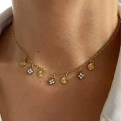 Cz stone flower disc charm necklaces stainless steel necklaces for women minimalist dainty stainless steel jewelry new in 2024