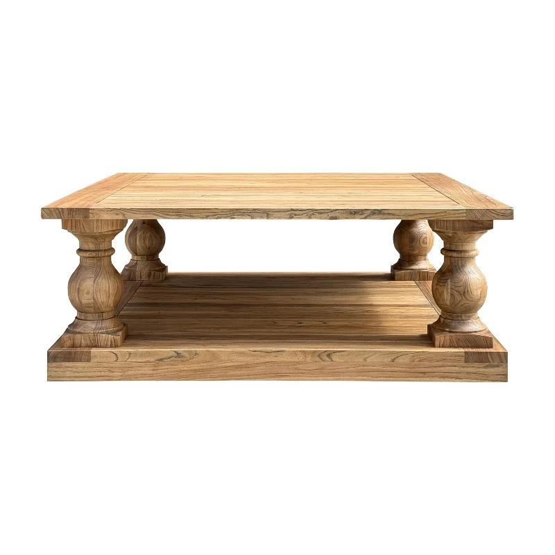 

New French Antique Classical Solid Elm Square Coffee Table Living Room with Storage Rack