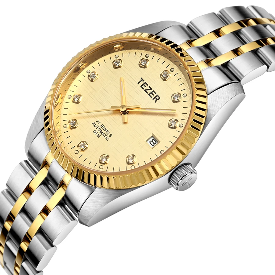 TEZER Men Automatic Mechanical Watch | Two‑Tone Steel Bracelet | Calendar Display | 5ATM Water Resistant