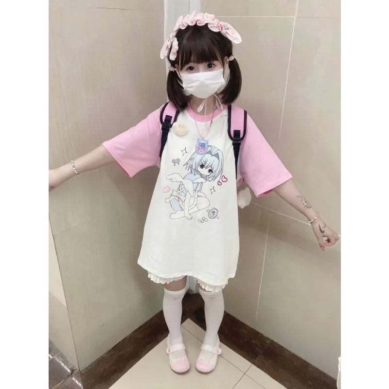 

Short Sleeve Pink Patchwork Tops Women Summer 2024 Anime Subculture Harajuku T Shirts Y2k Sweet Kawaii Casual Japanese Tees