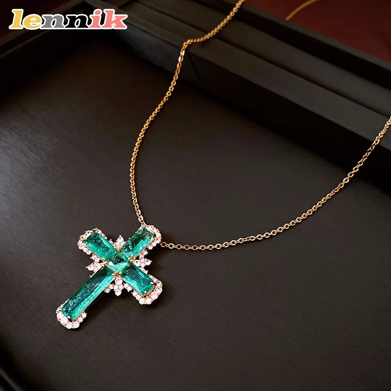 LENNIK Zircon Cross Pendant Necklace - European American Vintage Design, Dainty Collarbone Chain, Luxury Versatile Jewelry