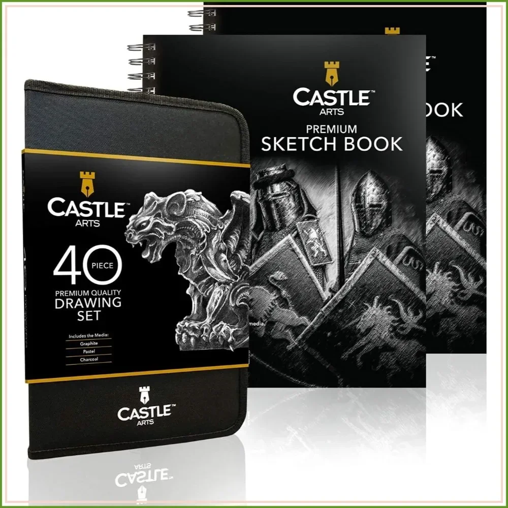Complete Drawing Essentials Bundle - 40 Piece Set with Graphite, Charcoal, Pastels & 2 Sketchbooks, 90gsm / 9