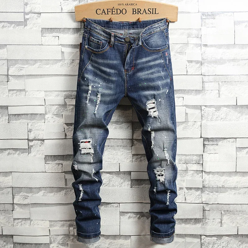 Spring New Arrival Men's Slim Fit Jeans Elastic Casual High Street Style Ripped Patchwork Pants Fashionable Tight Menswear