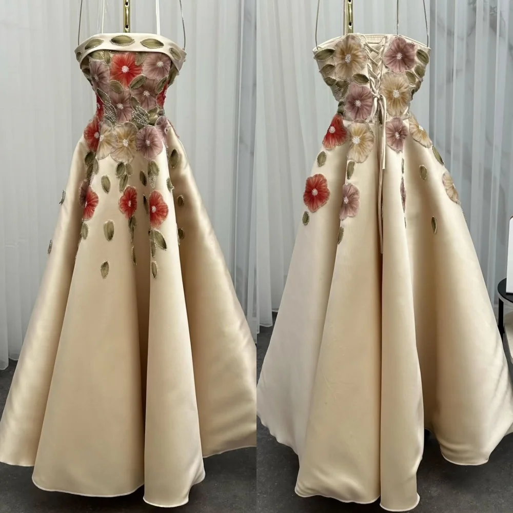 

Customized Exquisite Pastrol Charmeuse Applique Beading Rhinestone Sash A-line Strapless Long Dresses Bespoke Occasion Dresses