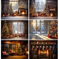 Christmas Tree With Wooden Floor Photography Backdrops Pinecones Snow Fireplace New Year Winter Holiday Party Background DT-28