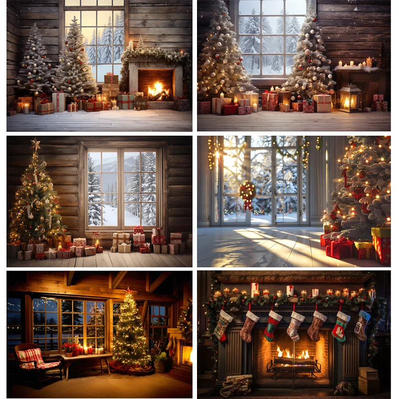 Christmas Tree With Wooden Floor Photography Backdrops Pinecones Snow Fireplace New Year Winter Holiday Party Background DT-28