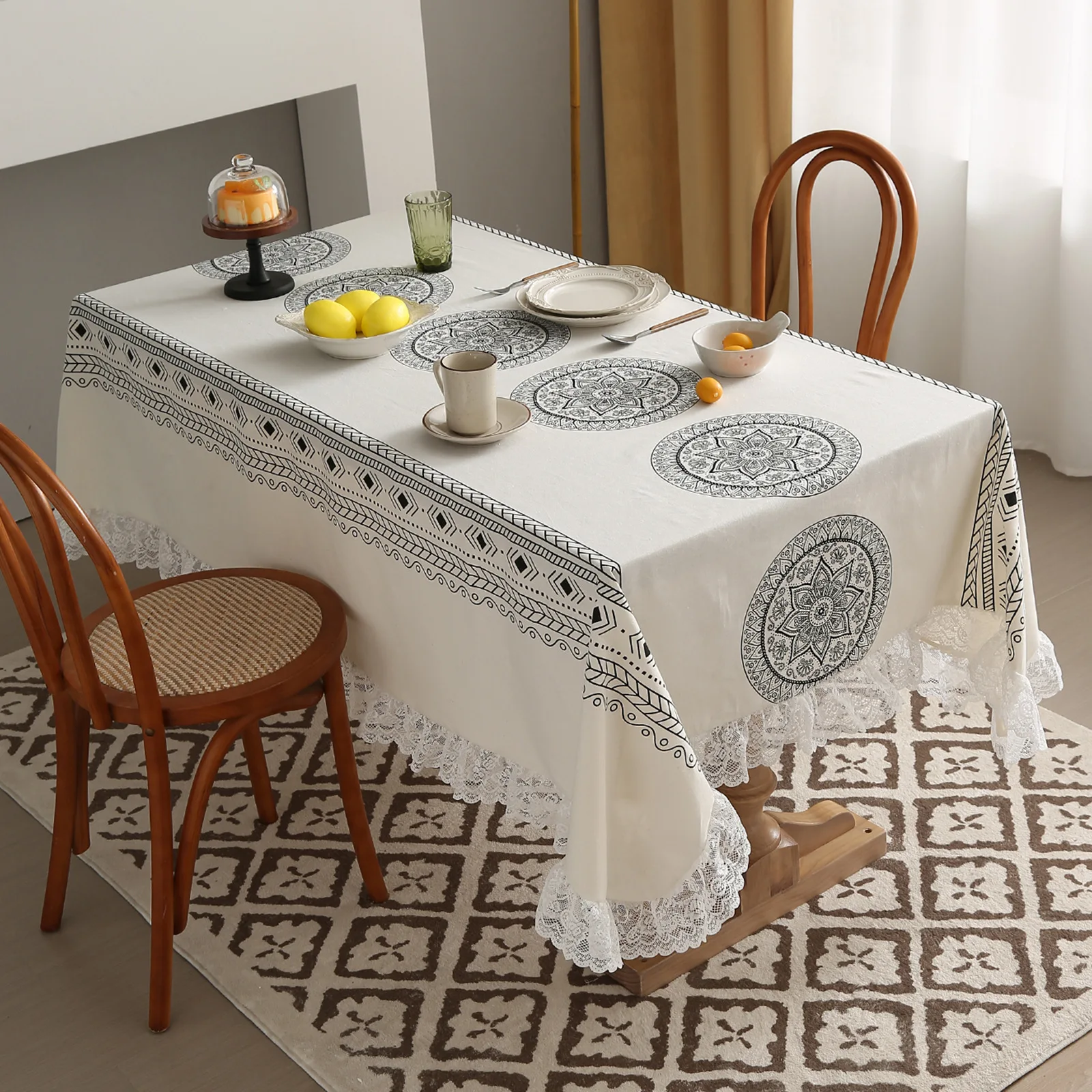 Mantel de algodón con bordes de encaje bohemios, impermeable, lavable, decoración para mesa de té y comedor