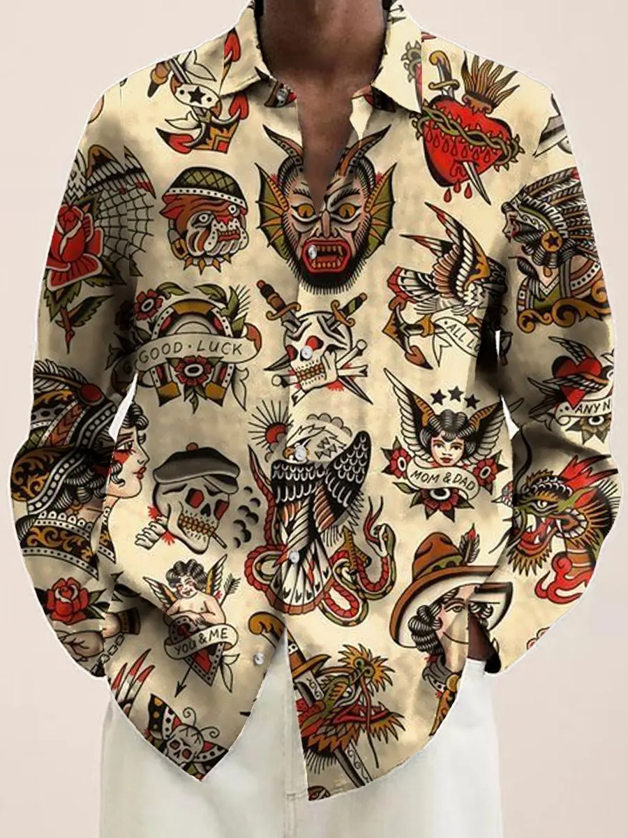 Men\'s Vintage Animal Print Long Sleeve Shirt 2023 Fashion Design Luxury Long Sleeve Tops Men\'s Four Seasons Button Lapel Shirt