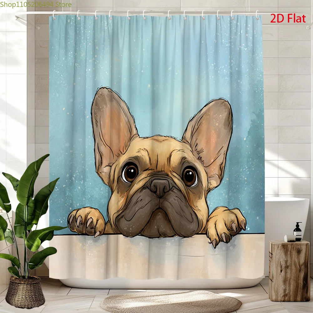 

2D Flat, 1pc French Bulldog Shower Curtain Suitable for Bath Tub Divider with 12 Hooks, Cute Frenchie Dog, Bath Size Suitable