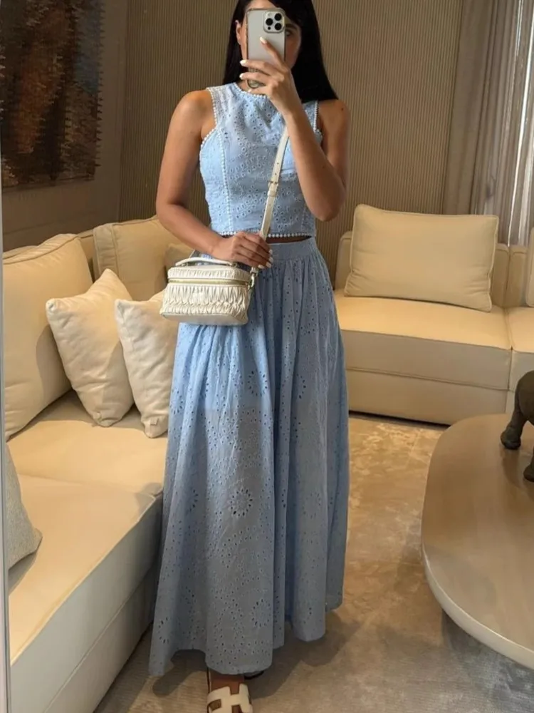 

Women's Solid Color Skirt Two Piece Set Hollow Out Lace Edge Sleeveless Cropped Top A-line Skirts 2 Sets Comfortable Elegant