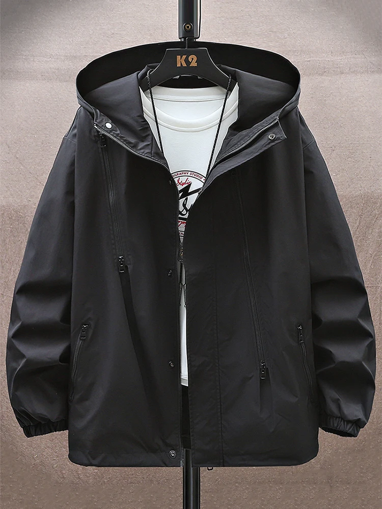 

Модная ветрозащитная куртка для мужчин: весенне-осенняя, свободного кроя, повседневная, с капюшоном, на молнии, из полиэстера, молодежная, модная верхняя одежда