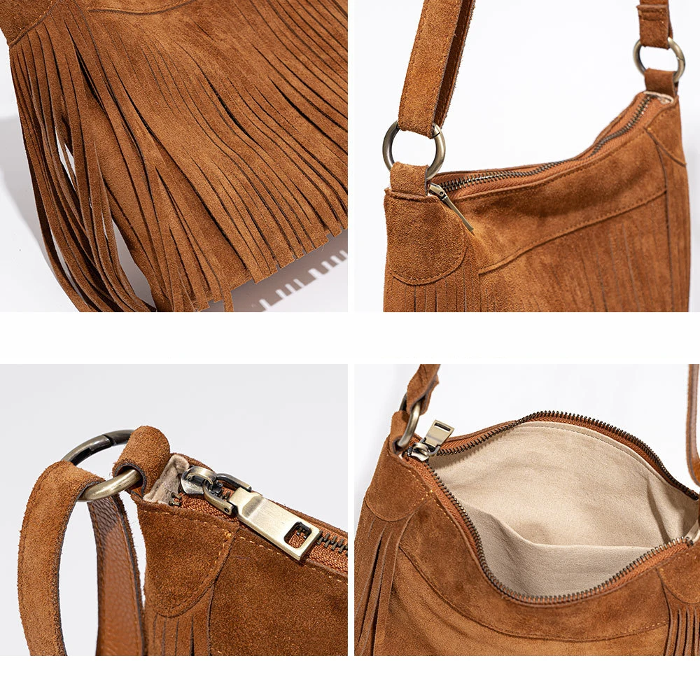 Tassel Bag Niche Frosted Cowhide Casual Crossbody Bag Retro Leather Trend Style Fringe Single Shoulder Bag