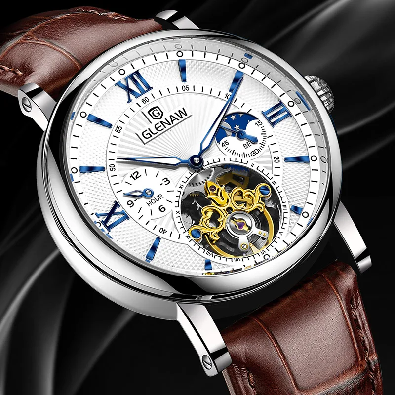 GLENAW fully automatic mechanical men's watch multi-functional luminous stainless steel classic business men's watch