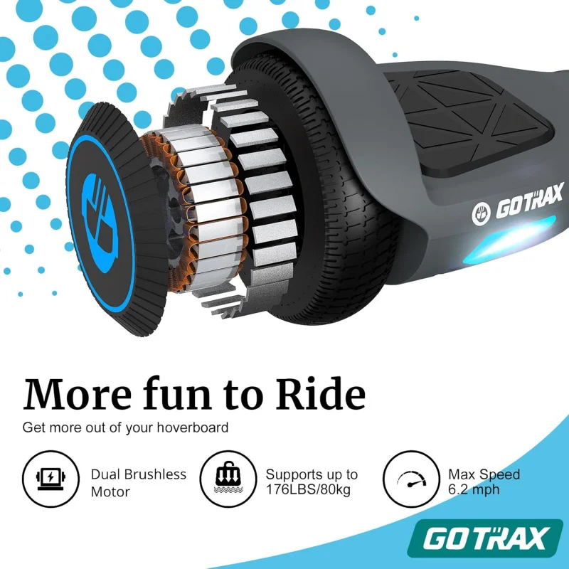 Gotrax Hoverboard dengan roda LED 6.5 inci, jangkauan maks 4/6 mil, daya 6,2 mph oleh Motor tanpa sikat ganda, bersertifikat UL2272