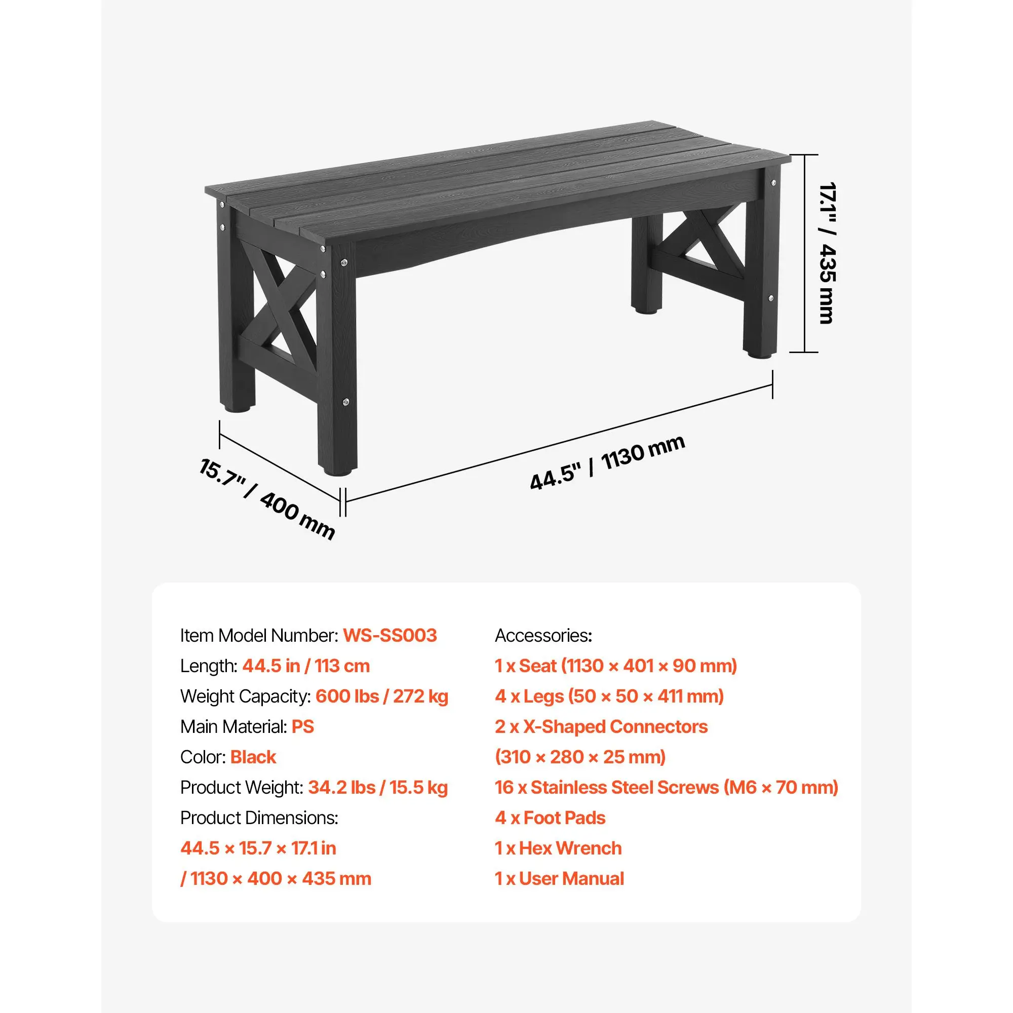 Outdoor Bench, 44.5 inch, 600 lbs Weight Capacity, Weatherproof Plastic Frame with Adjustable Level Footpads and Thick Leg, Outs
