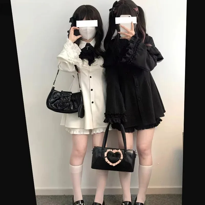 Vintage Lolita Style Mini Dress Set Women Gothic Y2k Loose Flare Sleeve Fake Two Pieces Party Dresses Female Kawaii Cute Vestido