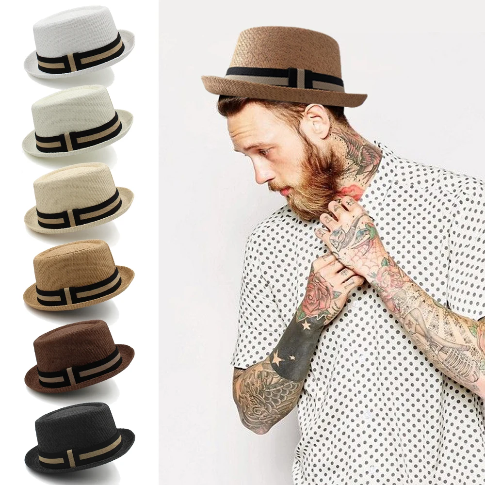 Men Women Classical Straw Pork Pie Hats Fedora Sunhats Trilby Caps Summer Boater Street Outdoor Travel Party Size US 7 1/4 UK L