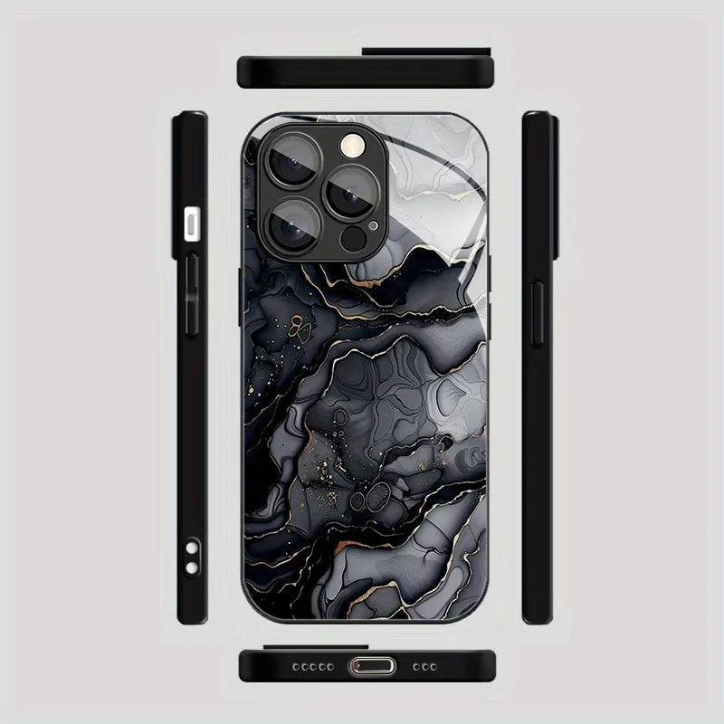 เคสสำหรับ iPhone 17 Pro Max 16 15 14 13 12 11 7 8 Plus 17Air 16E XR XS X ลายหินอ่อนสีดำไล่ระดับสี ฝาหลังกระจกนิรภัย