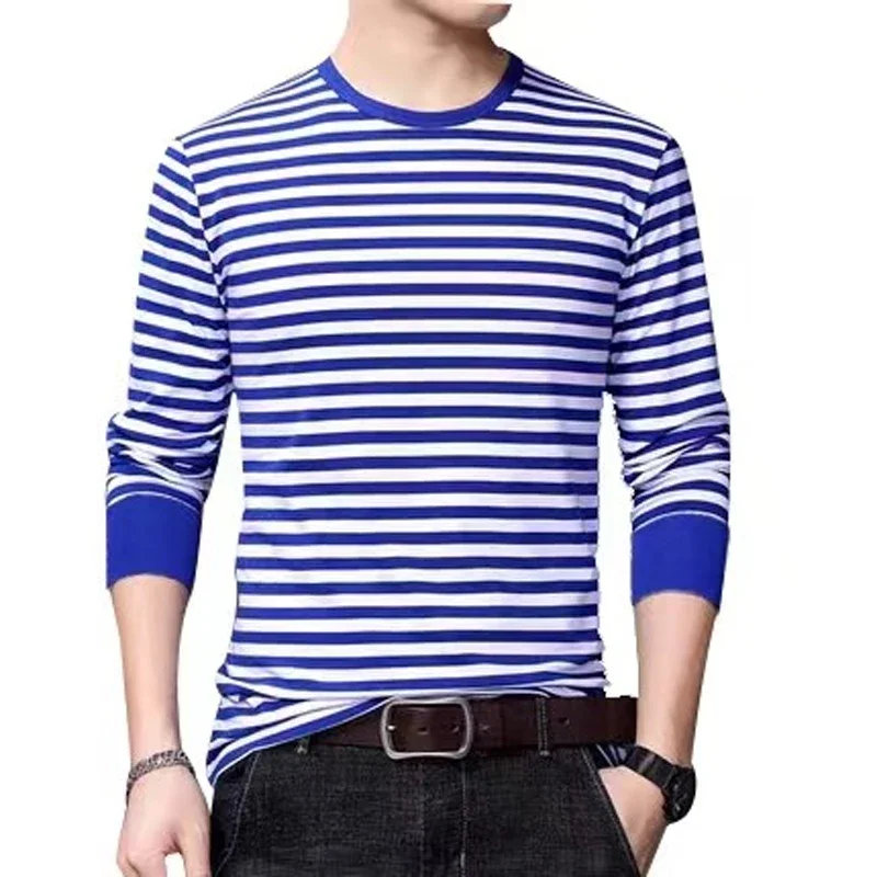 Autumn Men's Fashion Blue White Striped Long-sleeved Shirt Round Neck Casual Loose Pullover Bottoming Shirt Everyday Street Wear