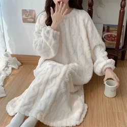 Style Ruffles 2023 Solid Dress One New Home Pajamas Korean Womens Wear Night Winter Fleece Sleeve Piece Sleepwear Long Nightgown