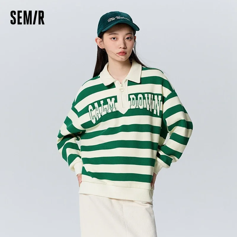 

Semir Sweater Women Waffle Texture Striped Shirt Oversize Winter Polo Collar Letter Embroidered Retro Sweatshirt