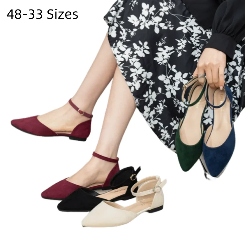 Lady Mary Jane Buckle Strap No Heel Sandals Elegant Flock Shoes Cover Heels Flats For OL Black Blue Green Wide Fitting 48 33 47